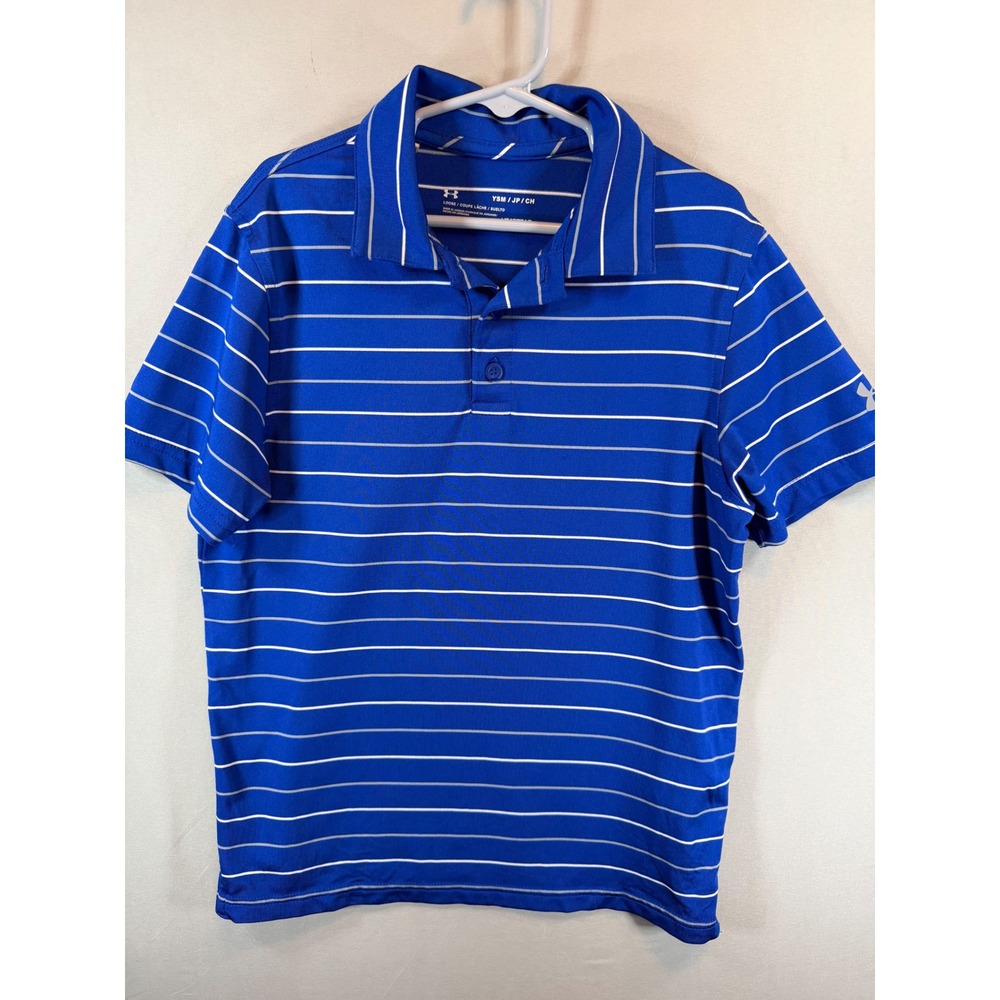 Under Armour Boys HeatGear Blue White Striped Polo Shirt Youth Small YSM Loose